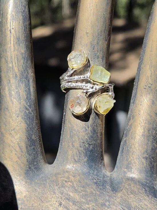 Tourmaline Natural Raw Gemstone Sterling & White Gold Ring Sz8 - Picture 1 of 10